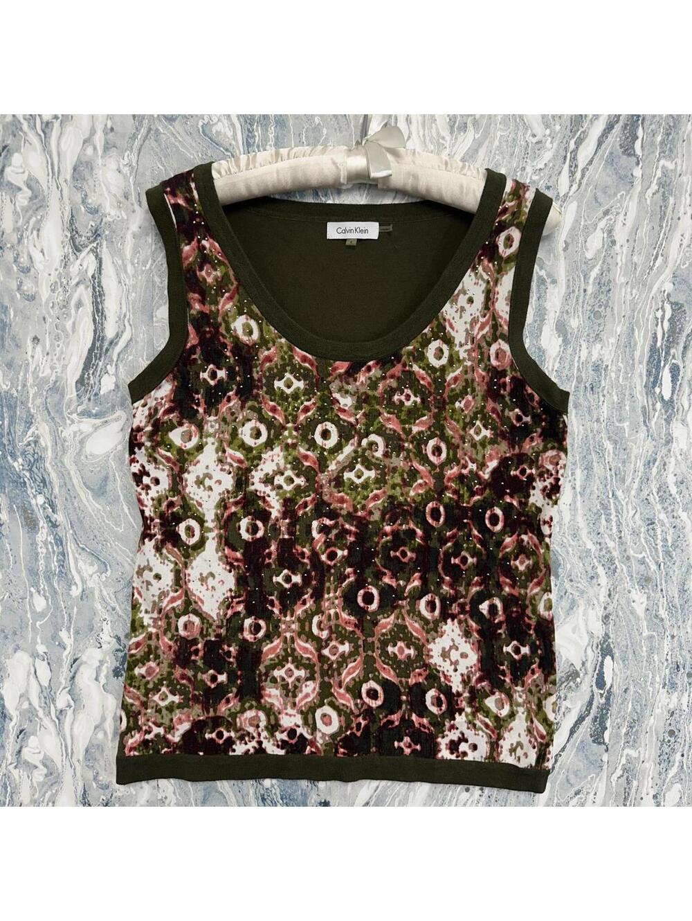 Boho Indie Olive Green Patterned Sleeveless Top L - Picture 3 of 8